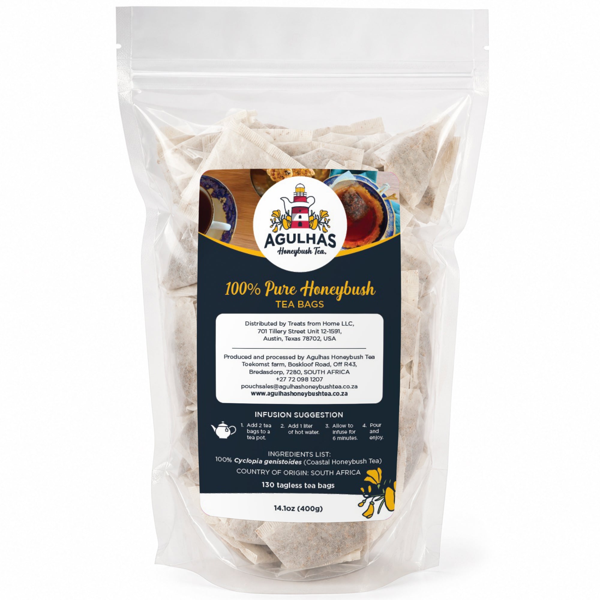 Clear Agulhas Honeybush Tea pouch filled with tea bags, shown upright on white.