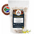 Clear Agulhas Honeybush Tea pouch containing tea bags, with a South African flag emblem and yellow flowering sprig beside it.