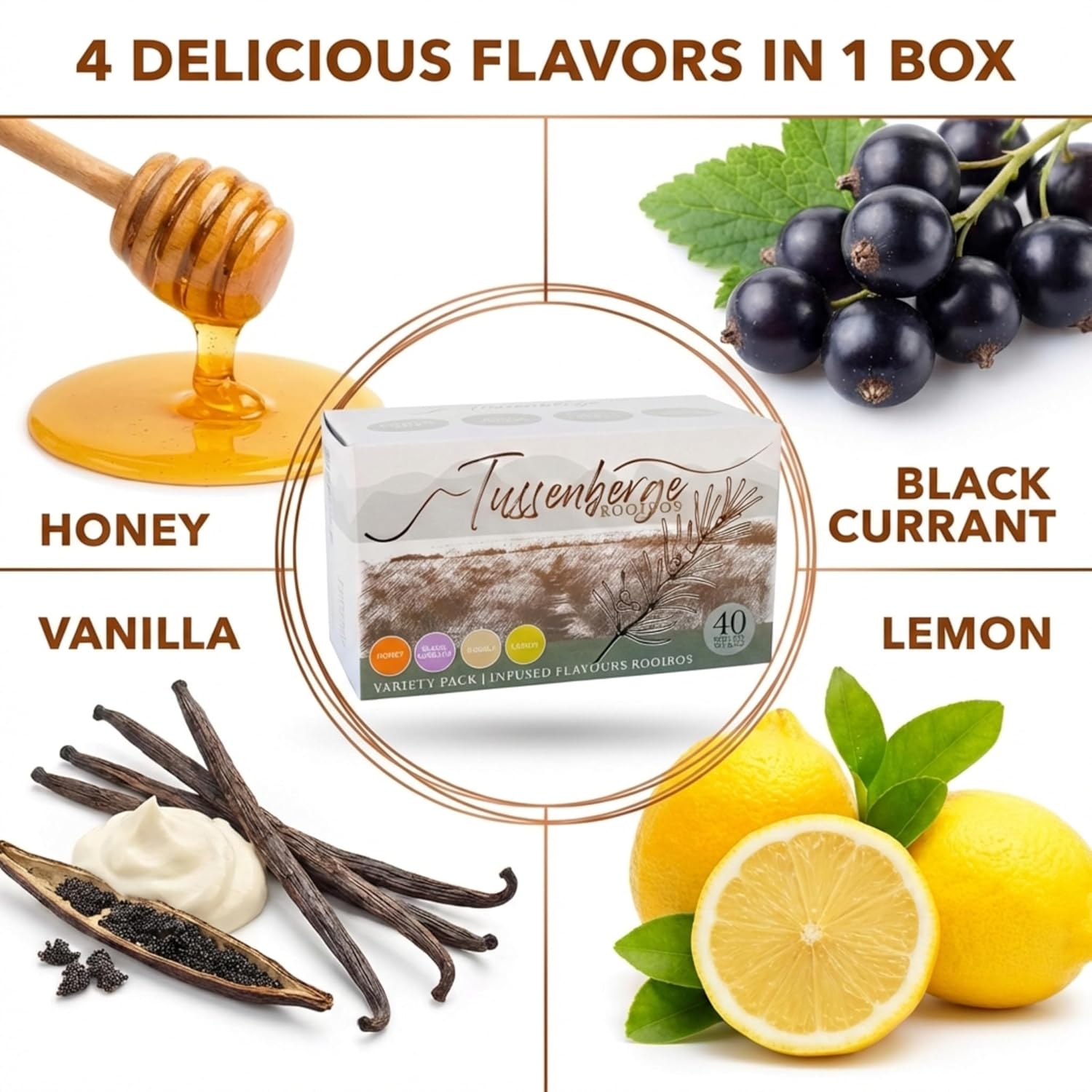 Tussenberge Rooibos Tea Variety Pack – 40 Caffeine-Free Tea Bags (Honey, Blackcurrant, Vanilla, Lemon)