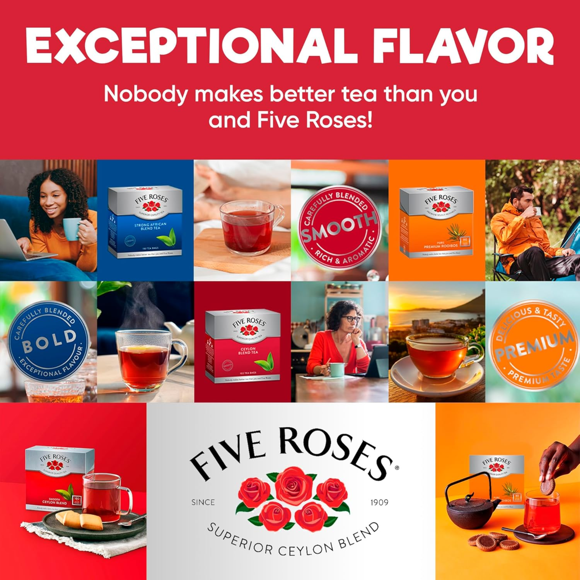 Five Roses South African Tea Gift Set - Rooibos, Ceylon & African Blend (3-Pack)