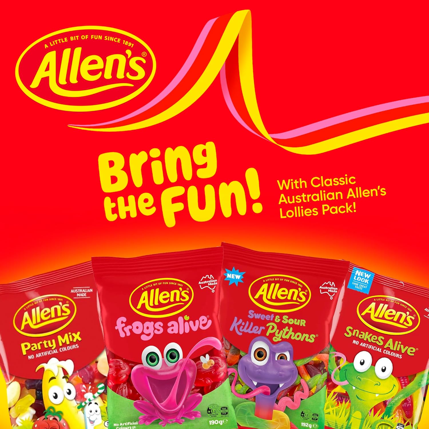 Allen’s Aussie Candy Variety Box – Killer Pythons, Red Frogs, Party Mix & Snakes Alive