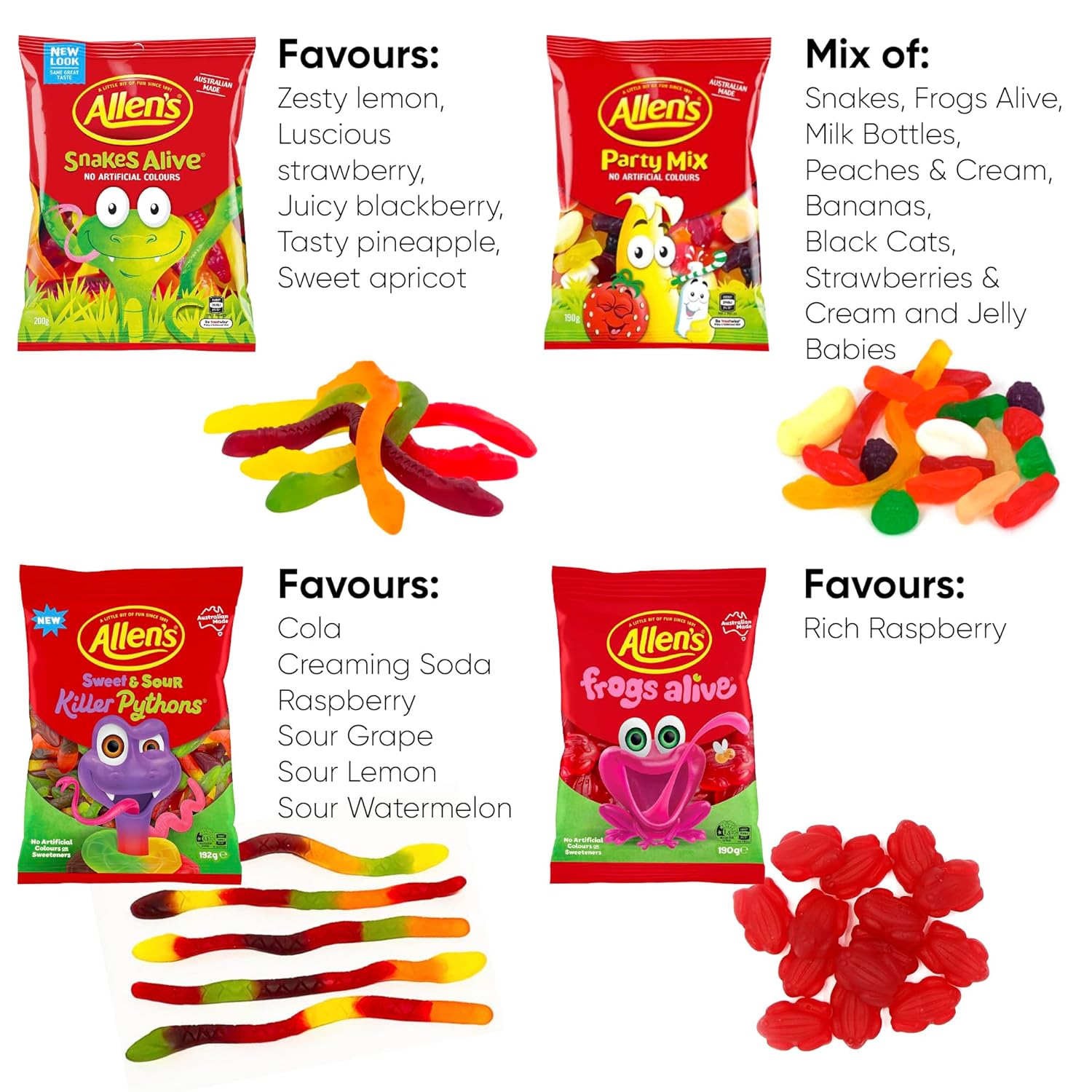 Allen’s Aussie Candy Variety Box – Killer Pythons, Red Frogs, Party Mix & Snakes Alive