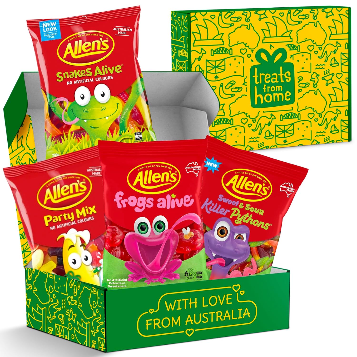 Allen’s Aussie Candy Variety Box – Killer Pythons, Red Frogs, Party Mix & Snakes Alive