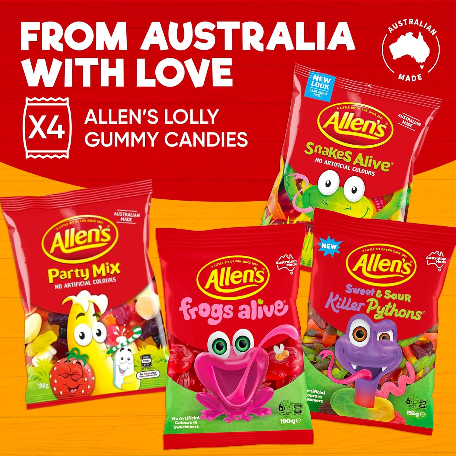 Allen’s Aussie Candy Variety Box – Killer Pythons, Red Frogs, Party Mix & Snakes Alive