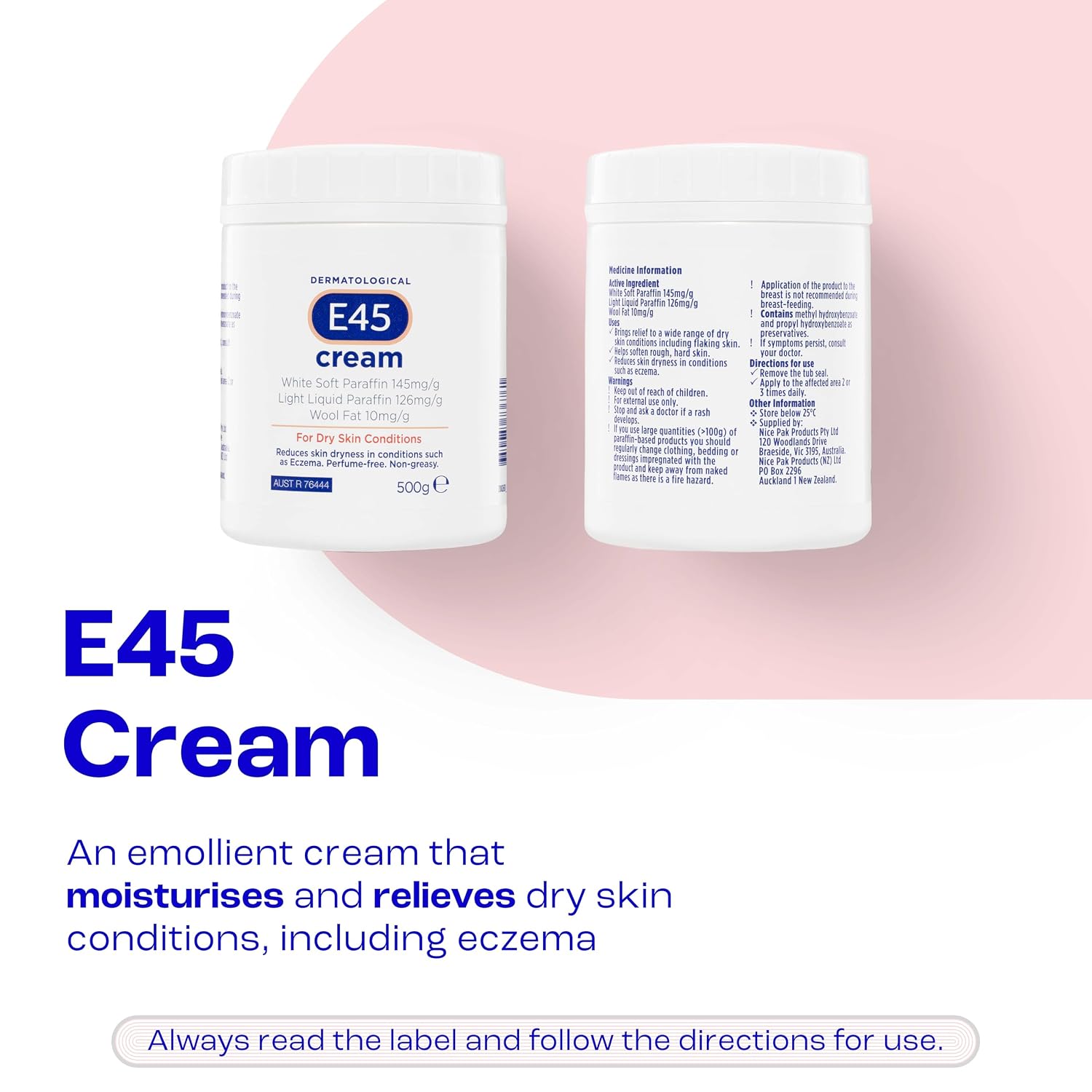E45 Moisturiser Cream 500g – Body, Face & Hand Moisturiser