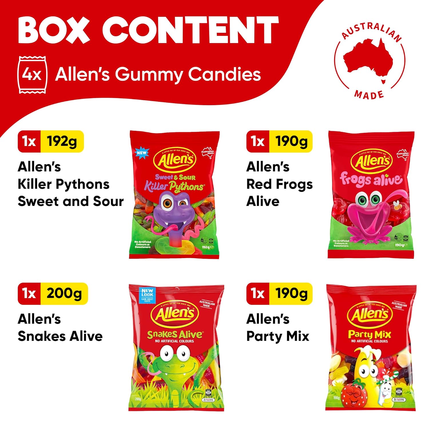 Allen’s Aussie Candy Variety Box – Killer Pythons, Red Frogs, Party Mix & Snakes Alive