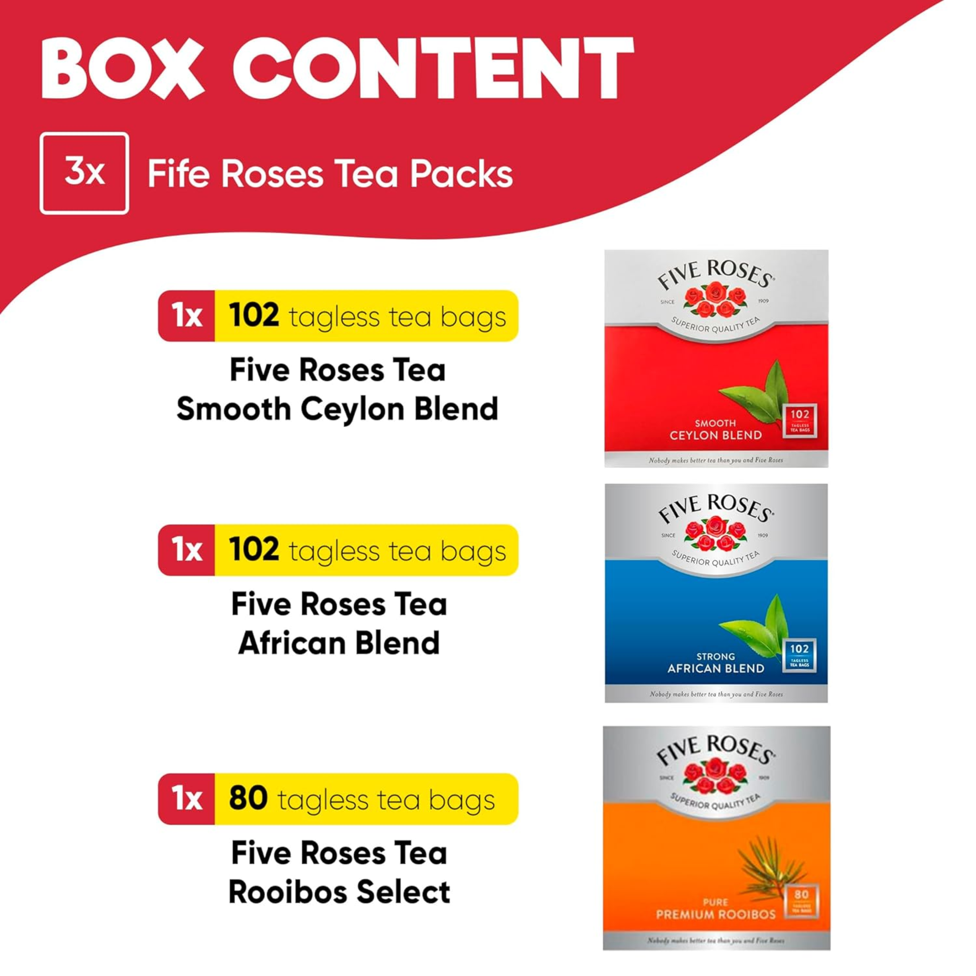 Five Roses South African Tea Gift Set - Rooibos, Ceylon & African Blend (3-Pack)