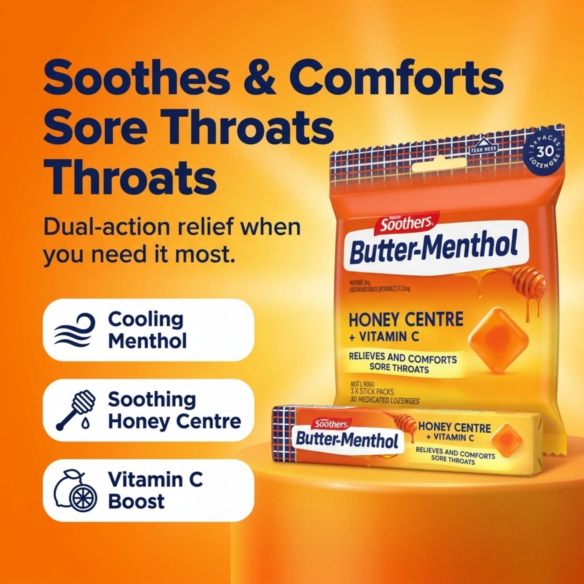 Butter-Menthol Honey Lozenges – 3 x 10 Throat Relief