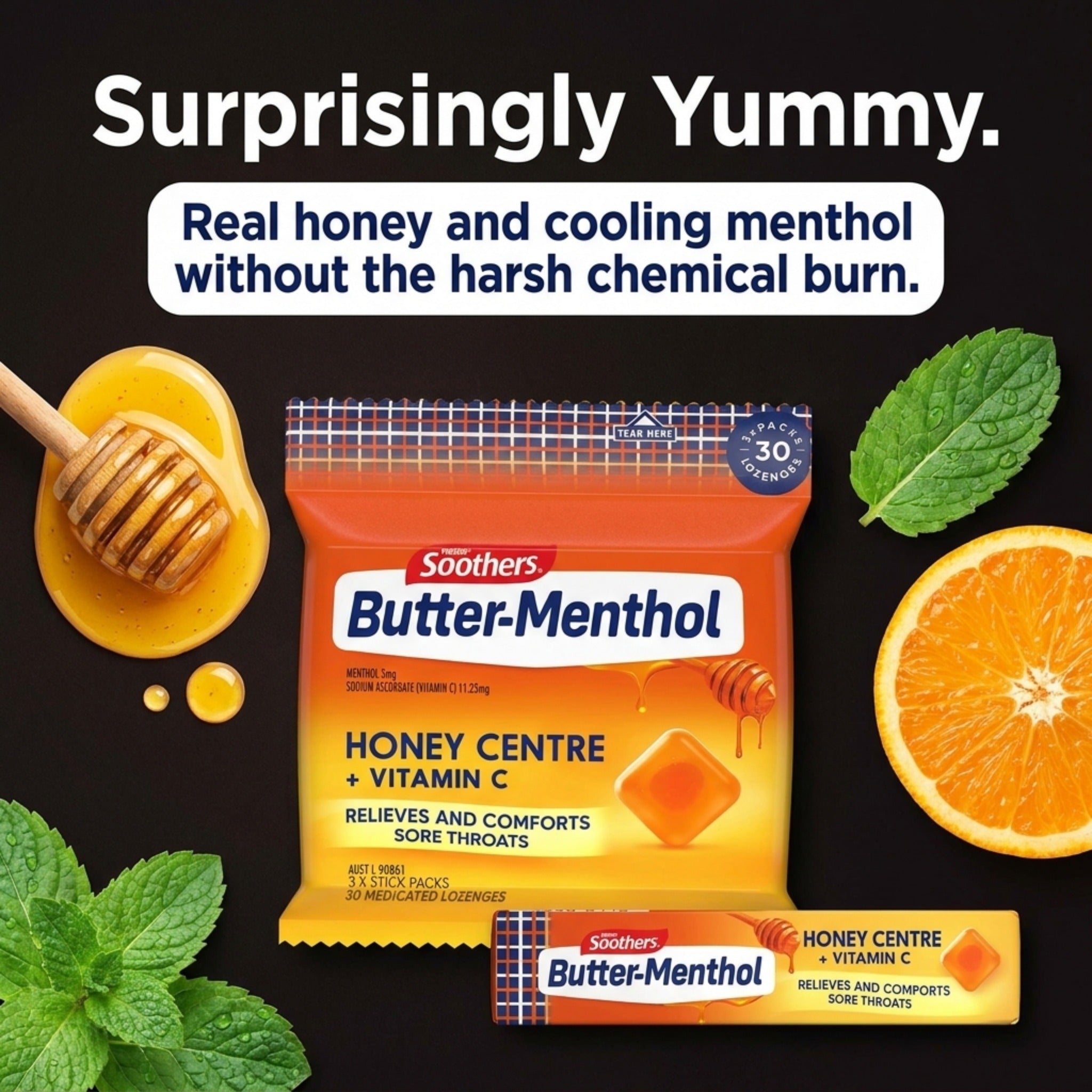 Butter-Menthol Honey Lozenges – 3 x 10 Throat Relief