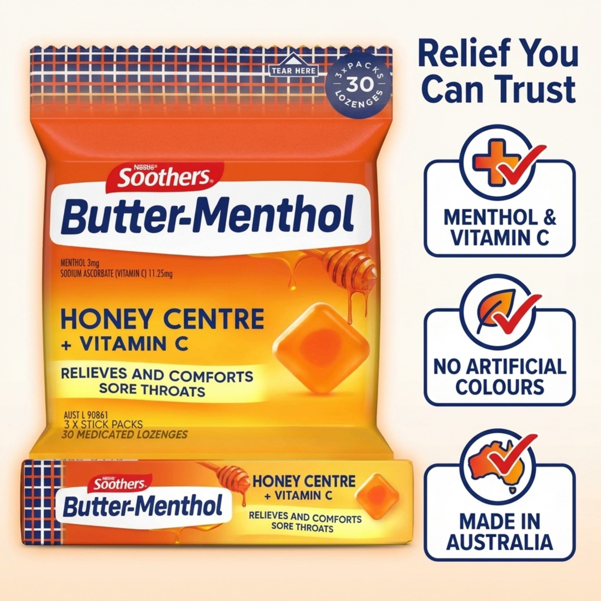 Butter-Menthol Honey Lozenges – 3 x 10 Throat Relief