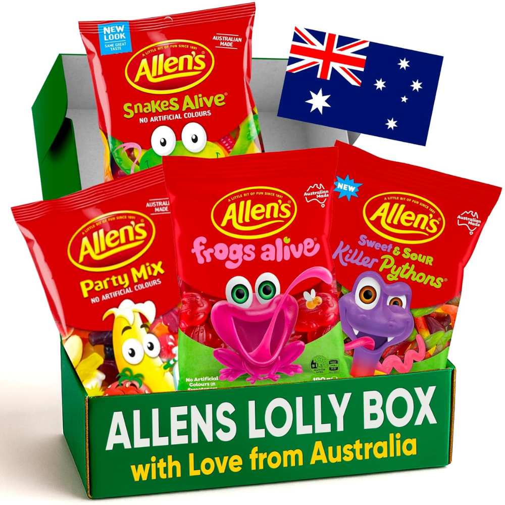 Allen’s Aussie Candy Variety Box – Killer Pythons, Red Frogs, Party Mix & Snakes Alive