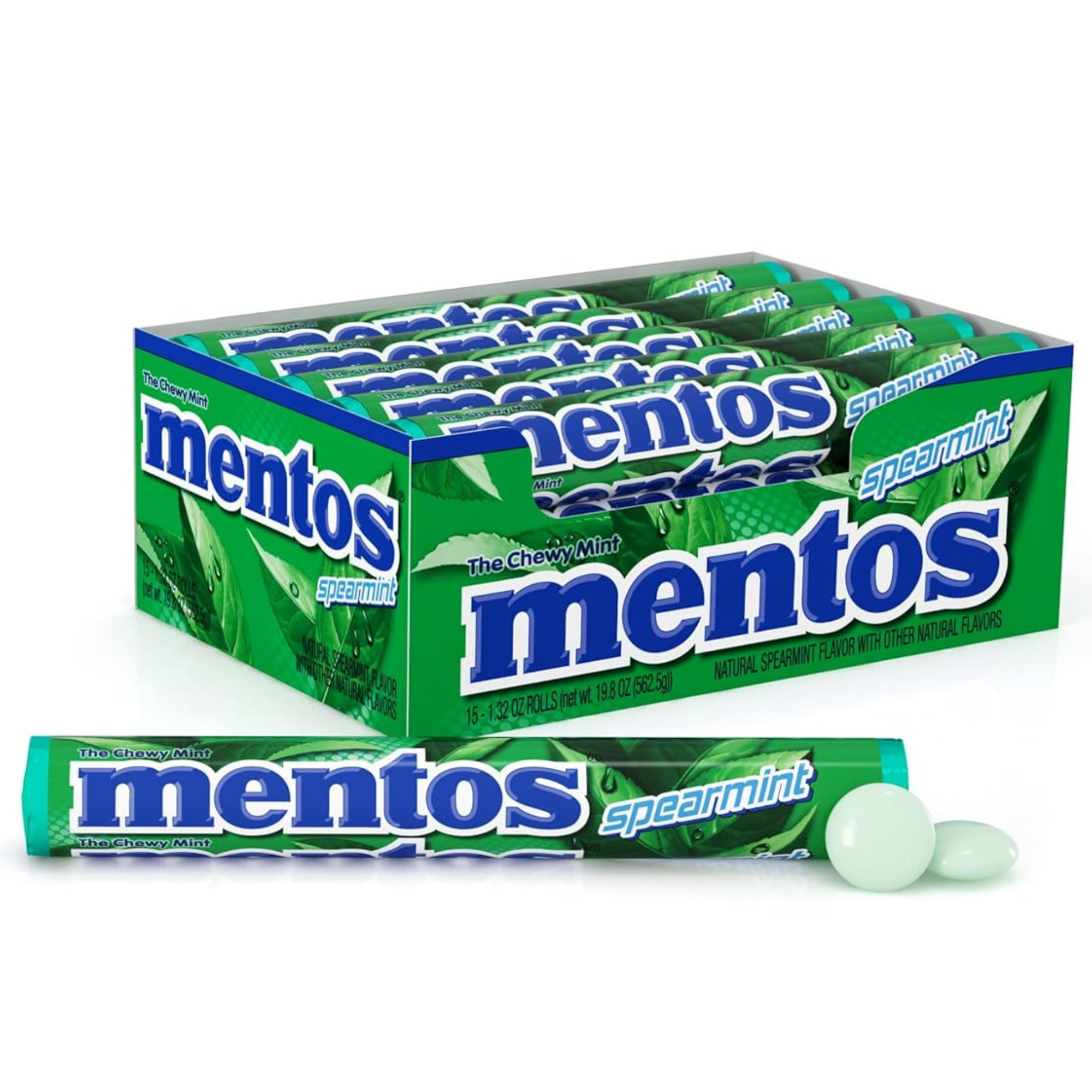 Mentos Spearmint Chewy Mint Rolls - Bulk 15-Pack (210 Pieces)