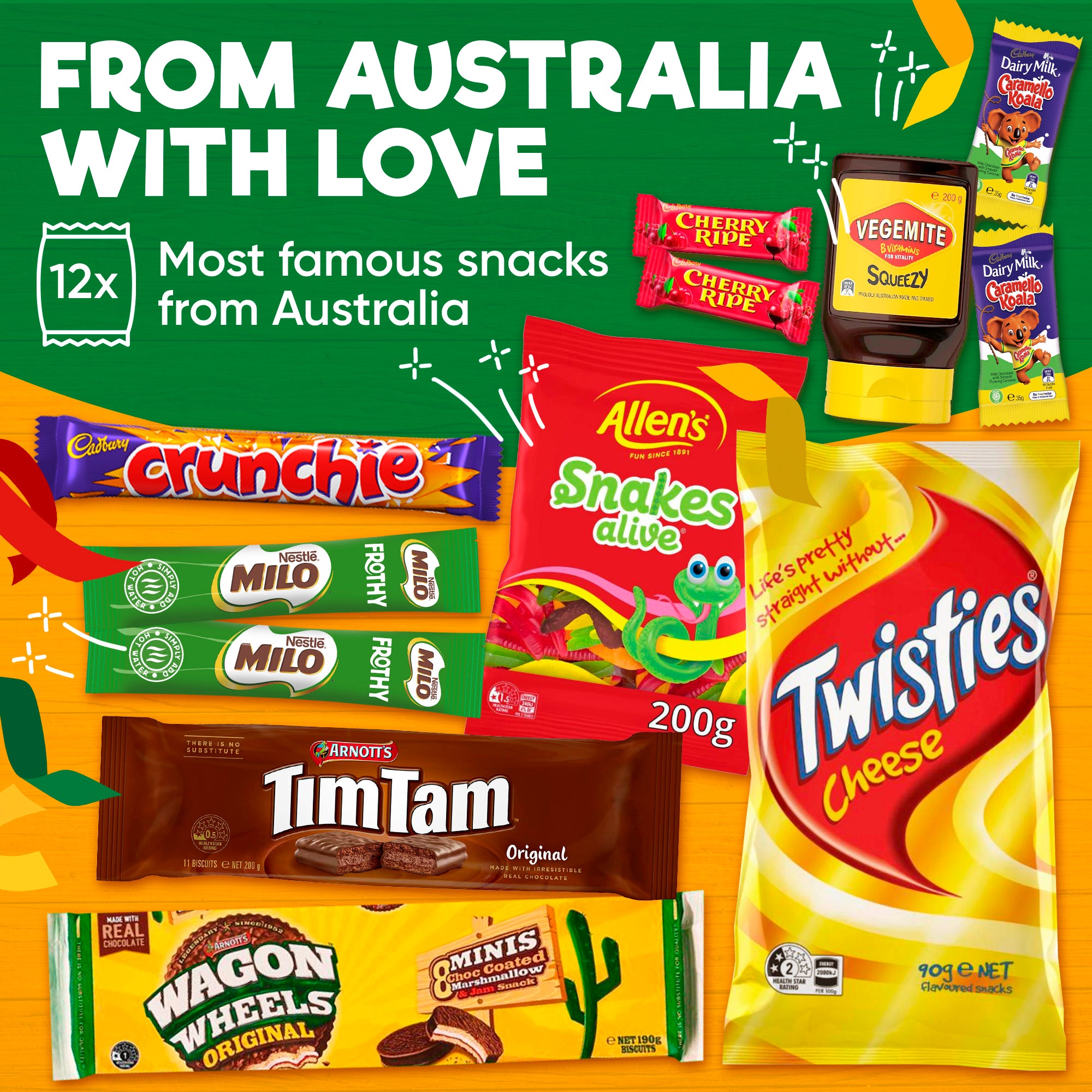 Australian Holiday Snack Box – 12 Authentic Aussie Treats Including, Vegemite, Twisties & More