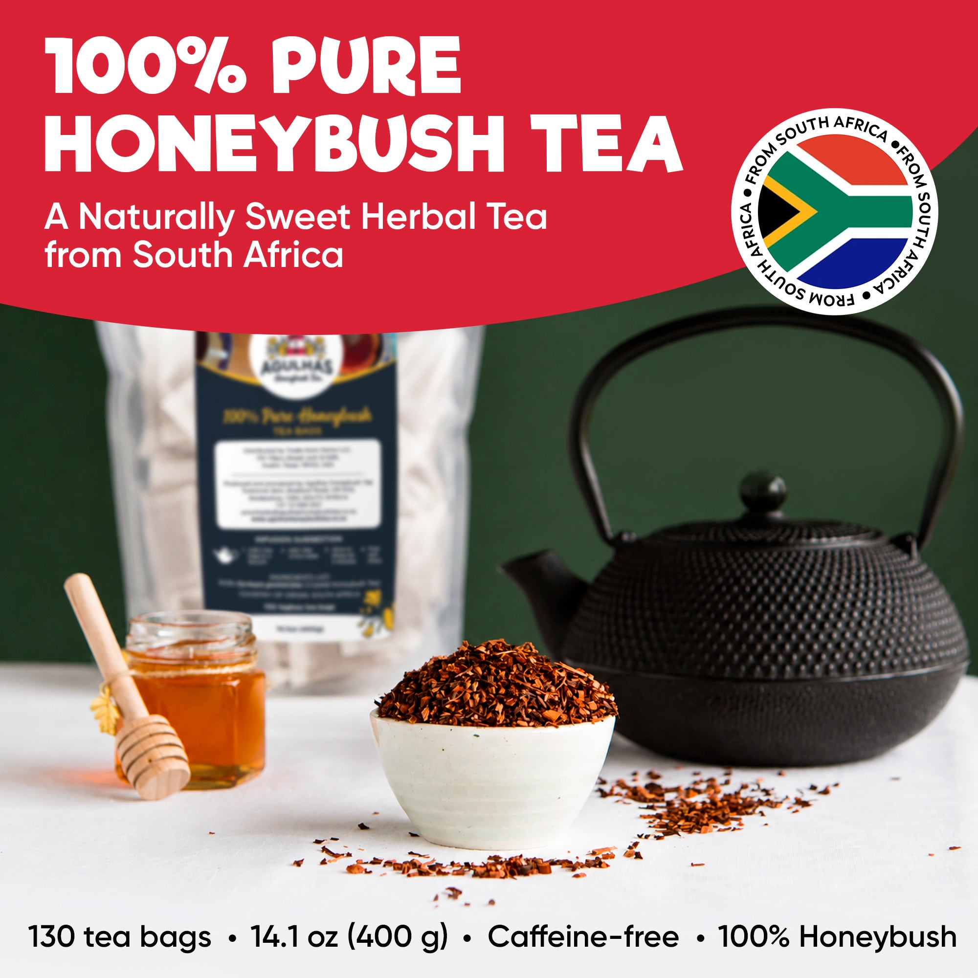 Agulhas Honeybush Tea pouch, black teapot, honey jar and a bowl of loose tea in a red-headed promotional graphic.