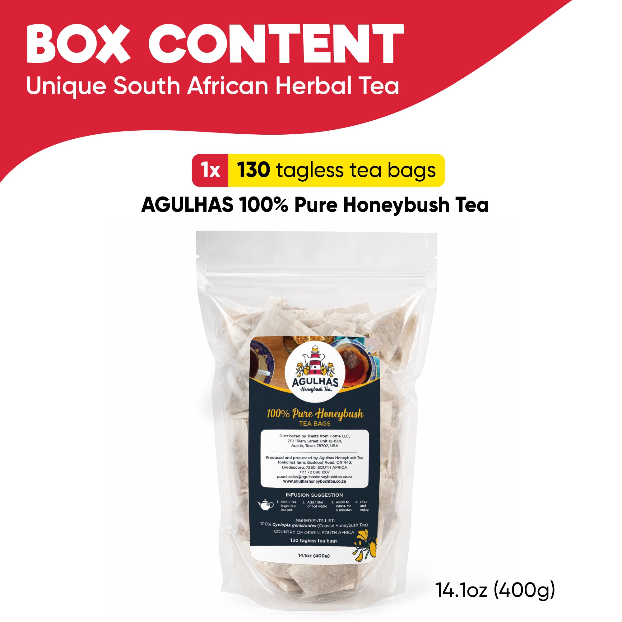 Honeybush gift contents graphic showing one Agulhas pouch labelled 130 tagless tea bags and 400g.