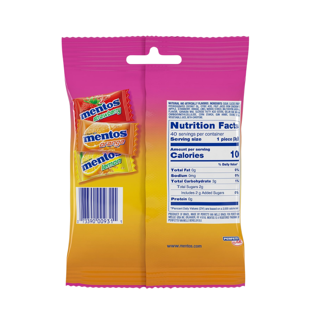 Mentos Fruit Chewy Mints - 40 Individually Wrapped Pieces (Bulk Peg Bag)