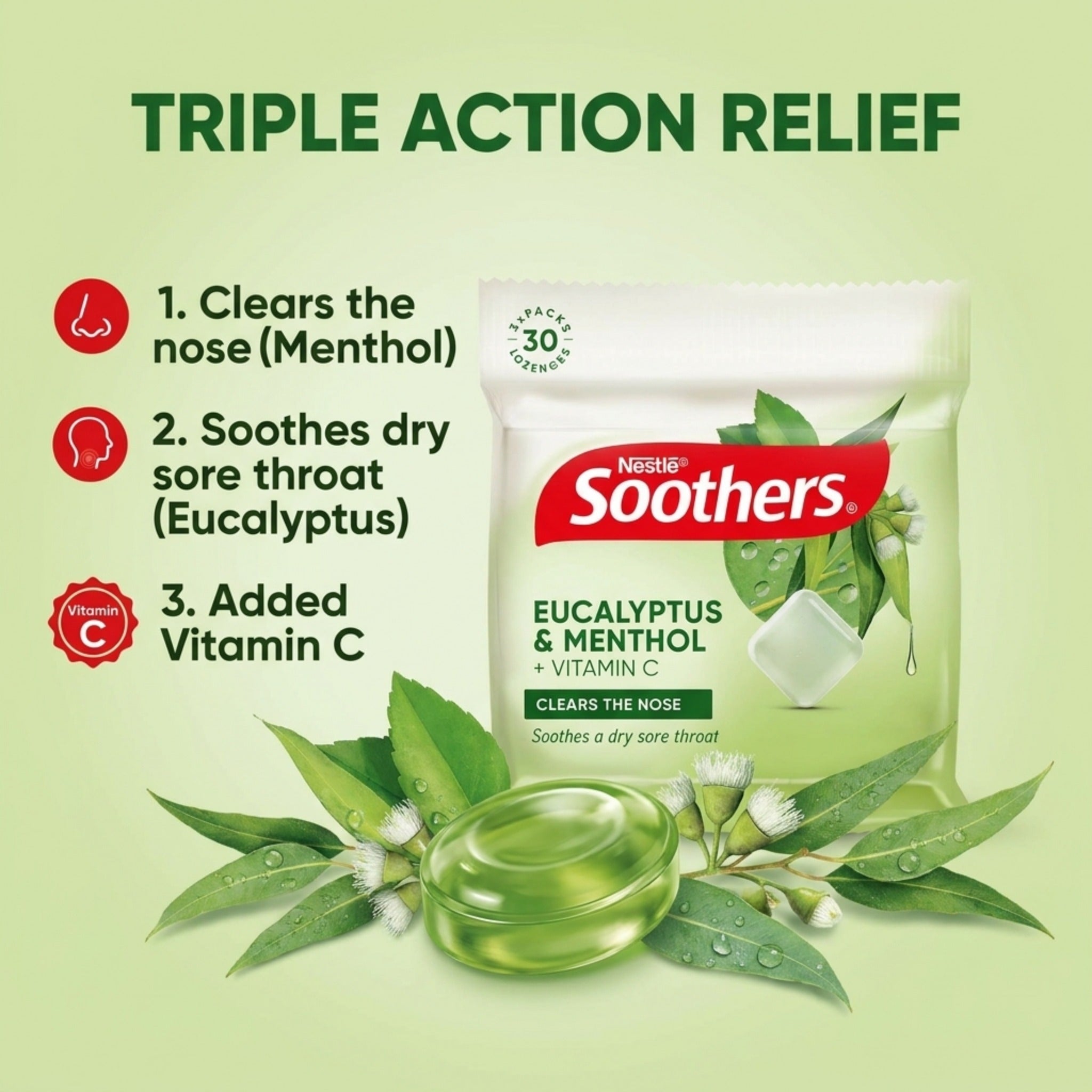 Soothers Eucalyptus & Menthol Lozenges Multipack – 3 x 10 Throat Relief