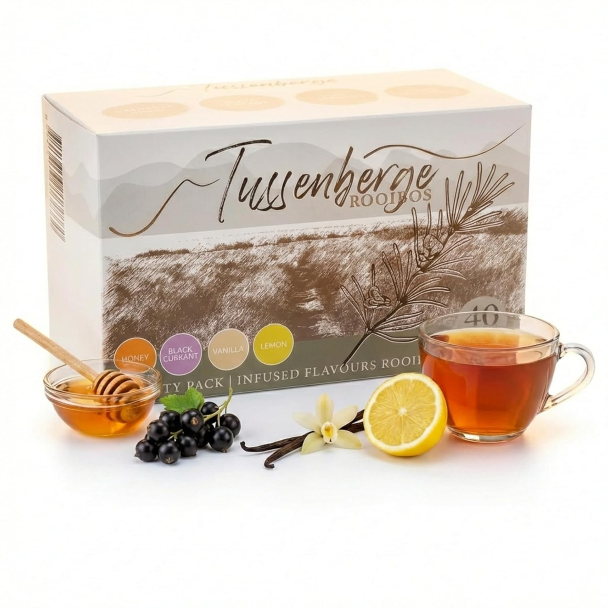 Tussenberge Rooibos tea packaging with a cup of tea, honey, lemon, and vanilla on a white background