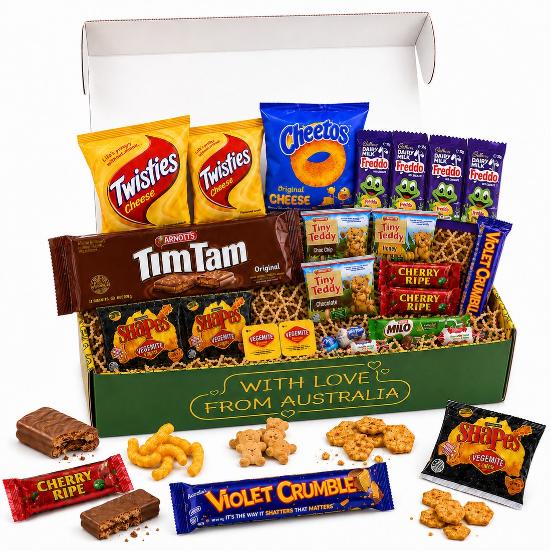 An Australian snack box packed with Tim Tams, Twisties, Cheezels, Milo and more