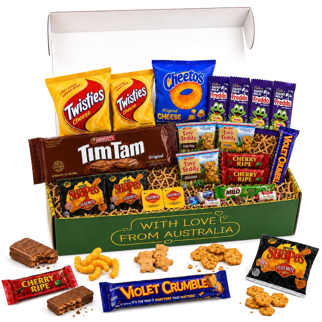 An Australian snack box packed with Tim Tams, Twisties, Cheezels, Milo and more